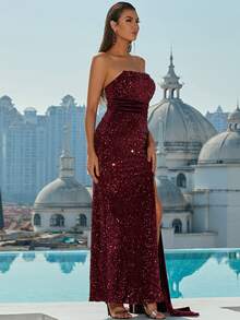 Missord Draped Side Slit Thigh Sequin Tube Formal Dress - Maroon - View 5
