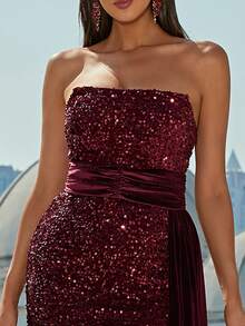 Missord Draped Side Slit Thigh Sequin Tube Formal Dress - Maroon - View 7