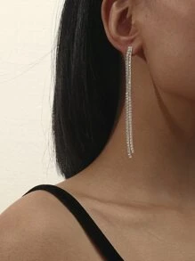 Rhinestone Tassel Drop Earrings - Silver - View 1