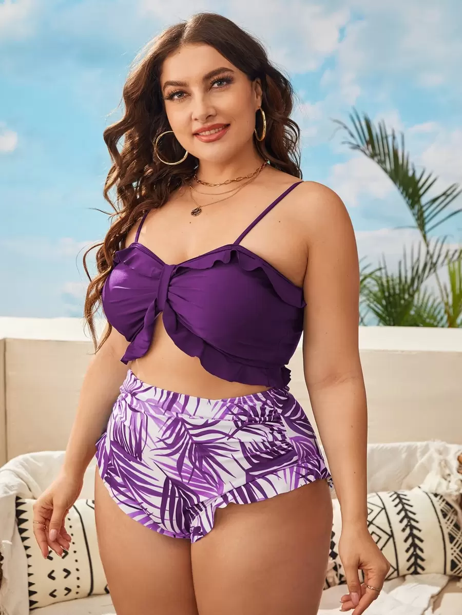 SHEIN Swim Curve 夏季海灘大尺寸植物印花荷葉邊比基尼套裝 - 彩色 - 查看 1