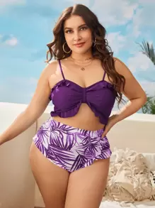 SHEIN Swim Curve 夏季海灘大尺寸植物印花荷葉邊比基尼套裝 - 彩色 - 查看 3