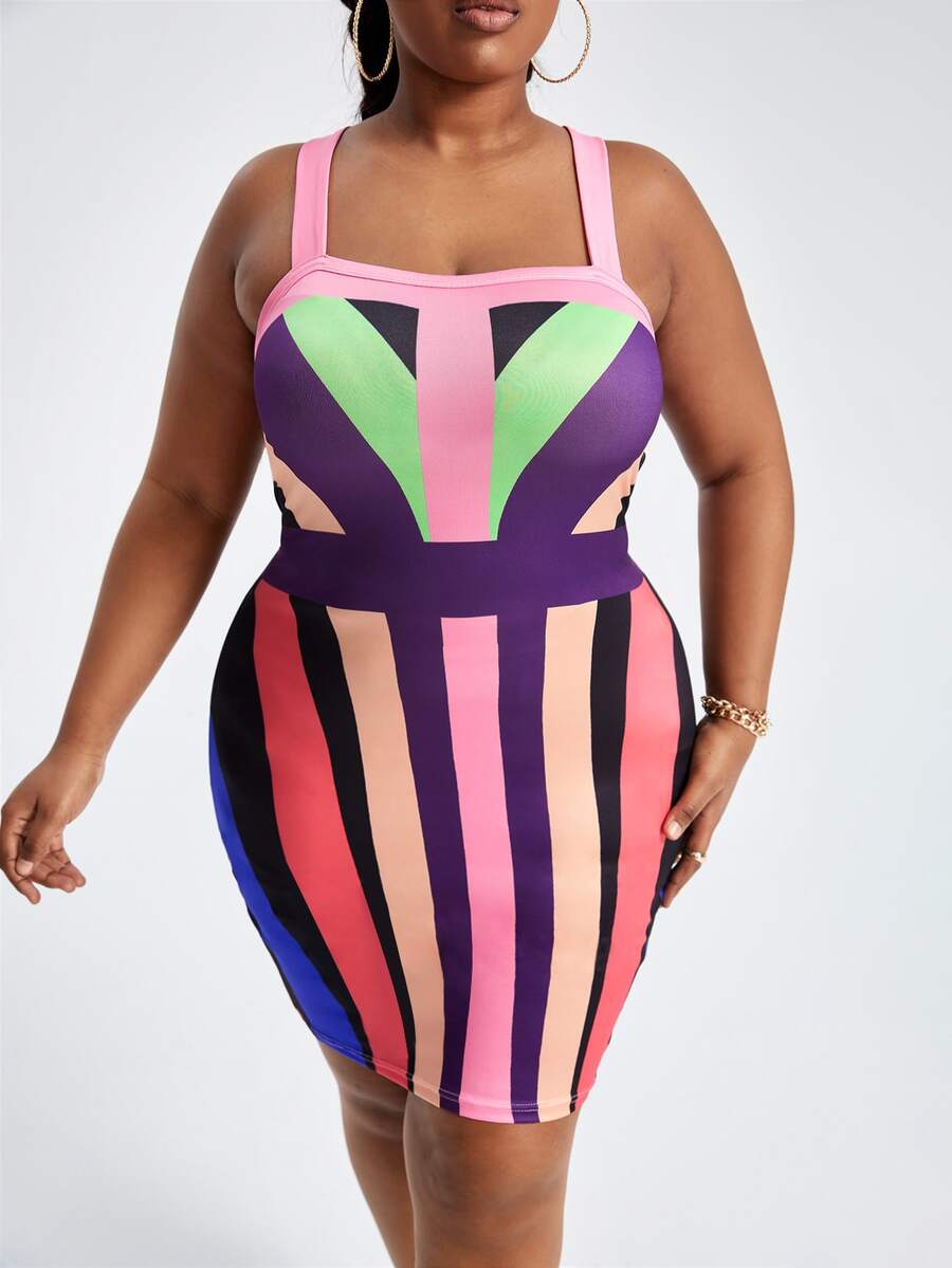 Slaydiva 大碼撞色交叉露背吊帶連衣裙 - 彩色 - 查看 1