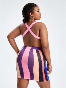 Slaydiva 大碼撞色交叉露背吊帶連衣裙 - 彩色 - 查看 2