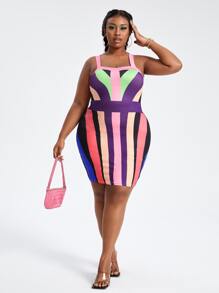 Slaydiva 大碼撞色交叉露背吊帶連衣裙 - 彩色 - 查看 5