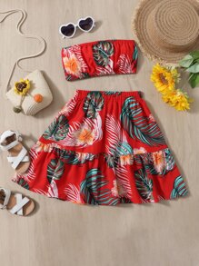 SHEIN Young Girl Tropical Print Tube Top & Ruffle Hem Skirt