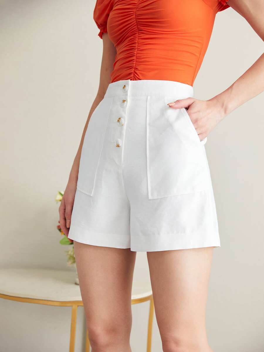 BizChic Button Fly Slant Pocket Shorts - White - View 1