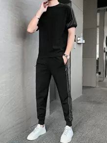 Men Vertical Striped Tee & Trousers - Black - View 1