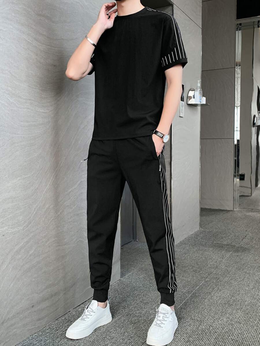 Men Vertical Striped Tee & Trousers - Black - View 1