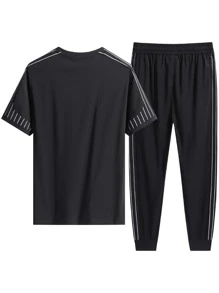 Men Vertical Striped Tee & Trousers - Black - View 2