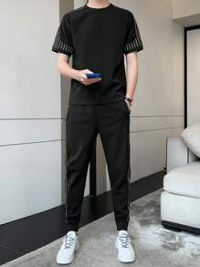 Men Vertical Striped Tee & Trousers - Black - View 3