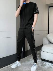 Men Vertical Striped Tee & Trousers - Black - View 4