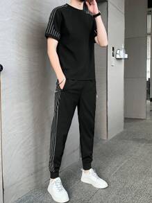 Men Vertical Striped Tee & Trousers - Black - View 5