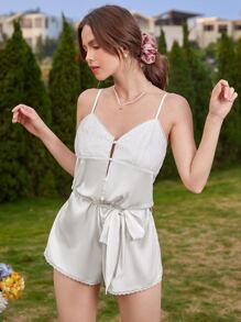 Áo liên quần giản dị Nữ Thắt lưng Tương phản ren Nút phía trước màu trơn Đơn giản - trắng - Xem 6