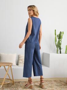 EMERY ROSE Asymmetrical Hem Tank Top & Wide Leg Trousers - Dusty Blue - View 2
