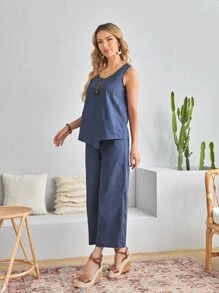 EMERY ROSE Asymmetrical Hem Tank Top & Wide Leg Trousers - Dusty Blue - View 3