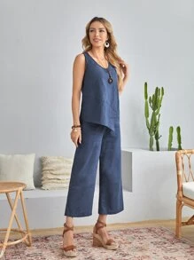 EMERY ROSE Asymmetrical Hem Tank Top & Wide Leg Trousers - Dusty Blue - View 4