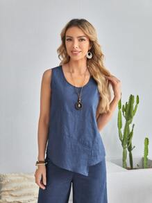 EMERY ROSE Asymmetrical Hem Tank Top & Wide Leg Trousers - Dusty Blue - View 5