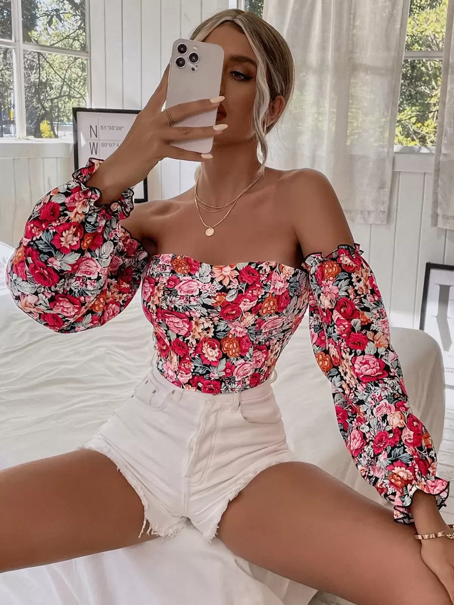 Breezaya Women Floral Print Casual Off Shoulder Blouse, Long Sleeve Fall Cloth For Women - Multicolor - View 1