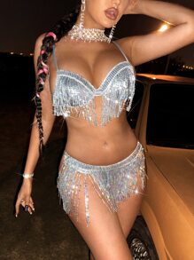 Swim EVENT Sparkly Sequin Fringe Bikini Set Push Up Bra & Hipster Bottom 2 Piece Rave Bathing Suit,Summer Beach - Silver - View 1