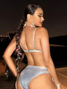 Swim EVENT Sparkly Sequin Fringe Bikini Set Push Up Bra & Hipster Bottom 2 Piece Rave Bathing Suit,Summer Beach - Silver - View 3