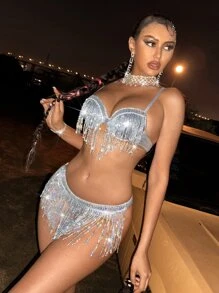 Swim EVENT Sparkly Sequin Fringe Bikini Set Push Up Bra & Hipster Bottom 2 Piece Rave Bathing Suit,Summer Beach - Silver - View 5