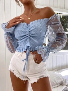 SHEIN Essnce Top de hombros descubiertos con bordado de malla de manga con cordón con fruncido - Neblina azul - Ver 5
