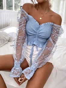 SHEIN Essnce Top de hombros descubiertos con bordado de malla de manga con cordón con fruncido - Neblina azul - Ver 7