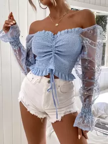 SHEIN Essnce Top de hombros descubiertos con bordado de malla de manga con cordón con fruncido - Neblina azul - Ver 4
