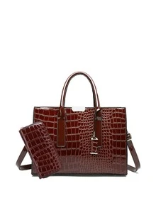鱷魚壓紋手提托特包附長錢包 - 棕色 - 查看 1