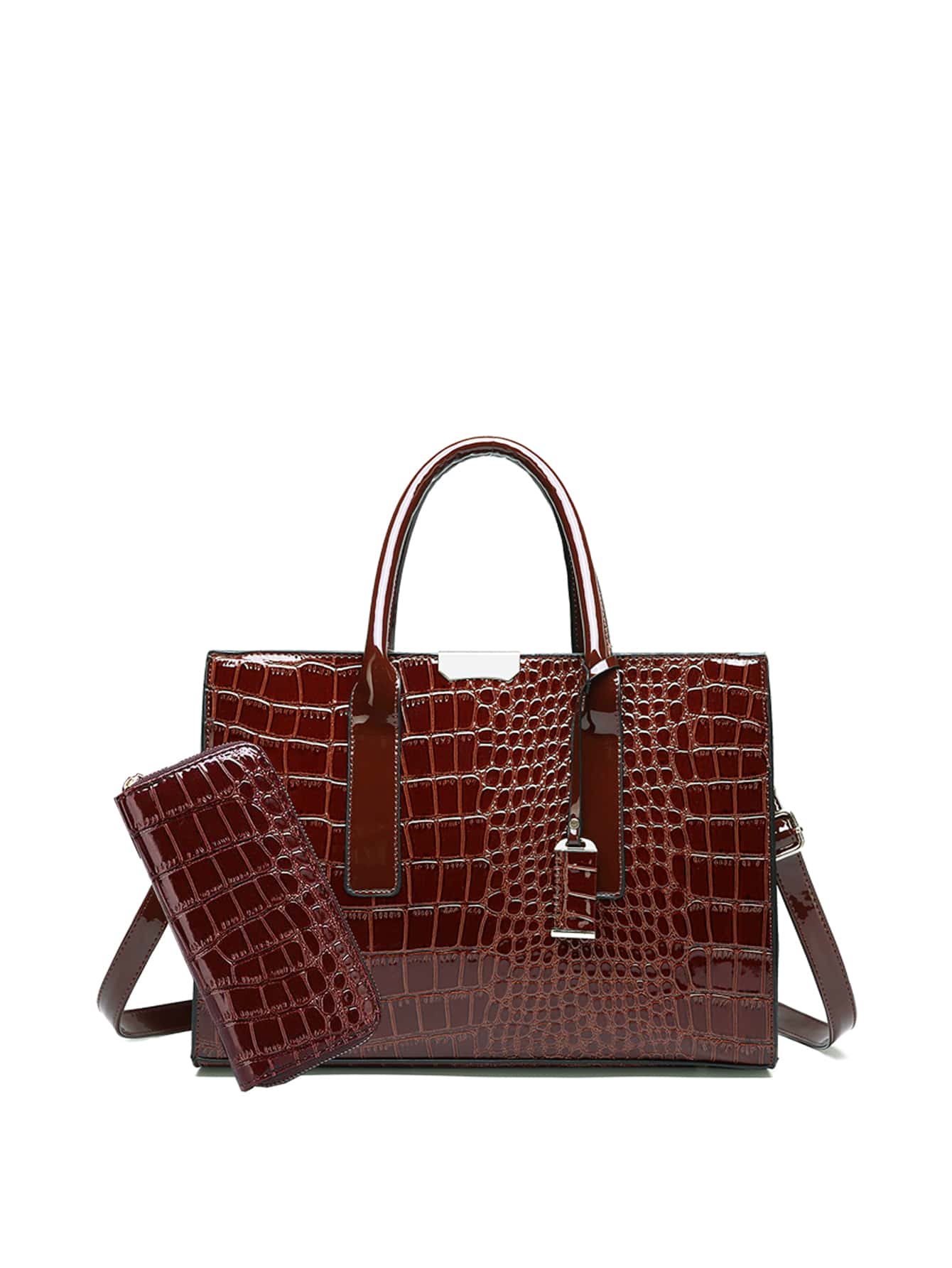 鱷魚壓紋手提托特包附長錢包 - 棕色 - 查看 1