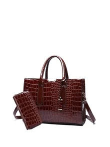 鱷魚壓紋手提托特包附長錢包 - 棕色 - 查看 5