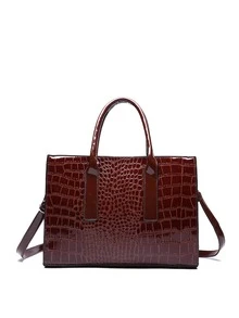鱷魚壓紋手提托特包附長錢包 - 棕色 - 查看 6