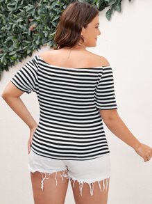 SHEIN EZwear Plus Off-shoulder Striped Knot Front Tee - Black and White - View 2