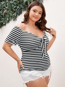 SHEIN EZwear Plus Off-shoulder Striped Knot Front Tee - Black and White - View 5
