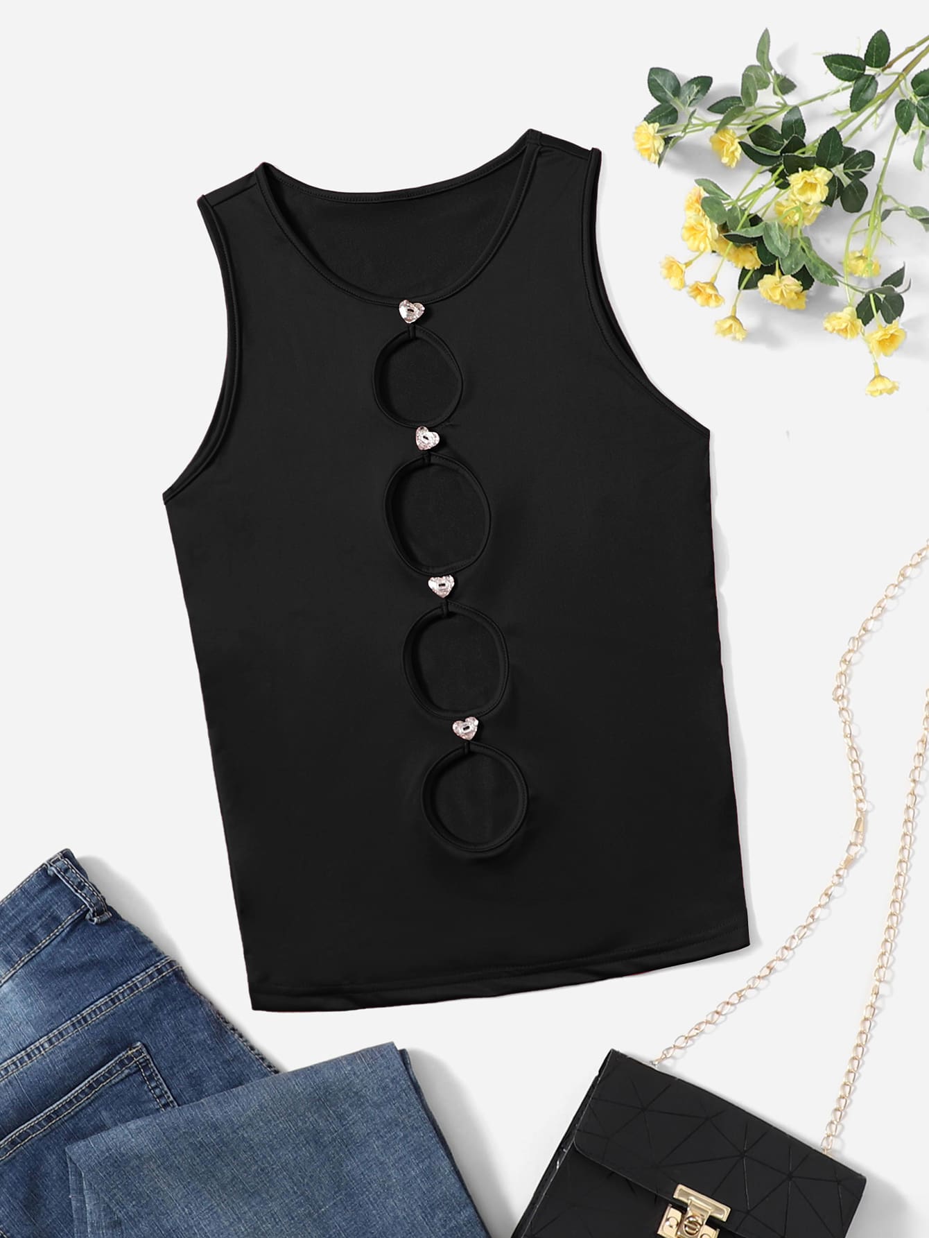 Rhinestone Detail Cutout Tank Top - Black - View 1