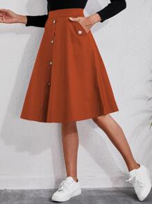 Ellegaria. Solid Single Breasted Flare Skirt - Burnt Orange - View 4