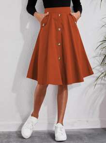 Ellegaria. Solid Single Breasted Flare Skirt - Burnt Orange - View 5