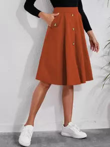 Ellegaria. Solid Single Breasted Flare Skirt - Burnt Orange - View 6