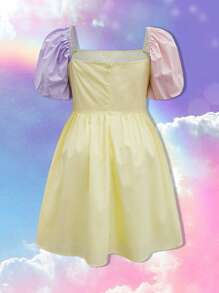 SHEIN Plus Colourblock Puff Sleeve Square Neck Dress - Yellow - View 2
