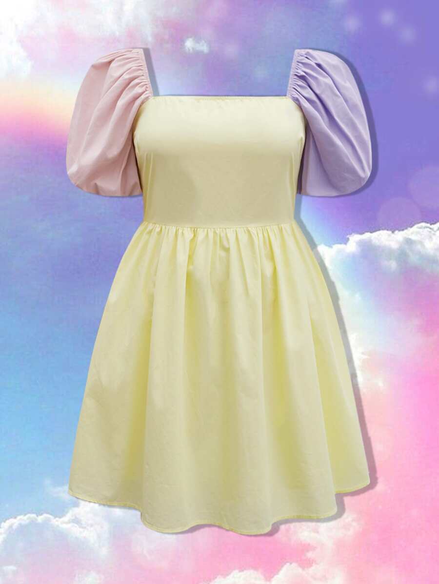 SHEIN Plus Colourblock Puff Sleeve Square Neck Dress - Yellow - View 1
