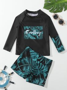 Toddler Boys Tropical Print High Neck Beach Swimsuit