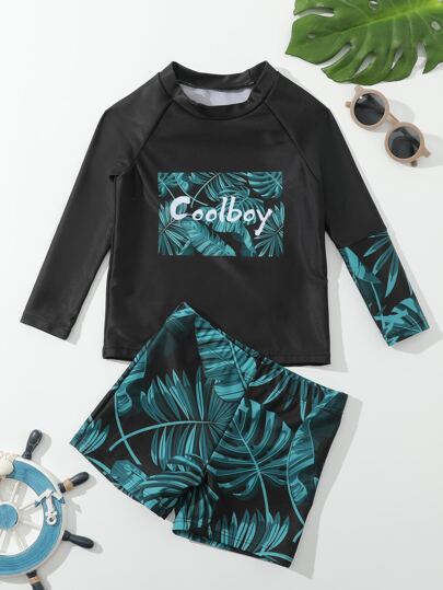 Toddler Boys Tropical Print High Neck Beach Swimsuit