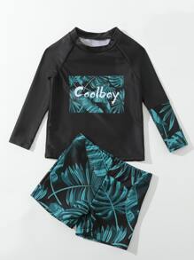 Toddler Boys Tropical Print High Neck Beach Swimsuit