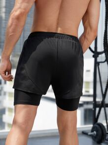 Men Letter Graphic 2 In 1 Sports Shorts With Phone Pocket - Black - View 2