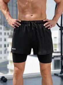 Men Letter Graphic 2 In 1 Sports Shorts With Phone Pocket - Black - View 3