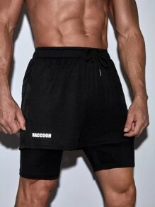Men Letter Graphic 2 In 1 Sports Shorts With Phone Pocket - Black - View 4