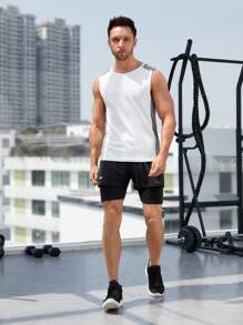 Men Letter Graphic 2 In 1 Sports Shorts With Phone Pocket - Black - View 5