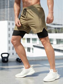 Manfinity Sport Corelite Men Drawstring Waist 2 In 1 Sports Shorts With Phone Pocket - Khaki - View 1