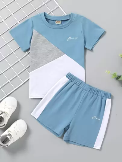 ToddlerBoysColourBlockLetterGraphicTee&Shorts - Best of SHEIN
