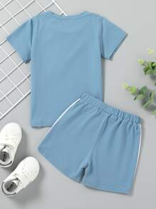 SHEIN Toddler Boys Colour Block Letter Graphic Tee & Shorts - Multicolor - View 2